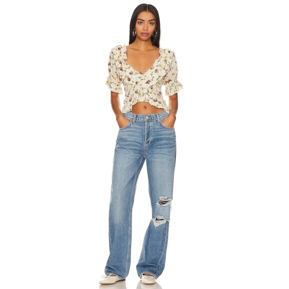 Free People Favorite Girl Top Romantic Floral Ruffle Smocked Boho Cottagecore Sm - Picture 16 of 16